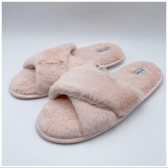 SPLENDID Pink Fluffy Crisscross Peep Toe Slippers Size M/L - Picture 4 of 11